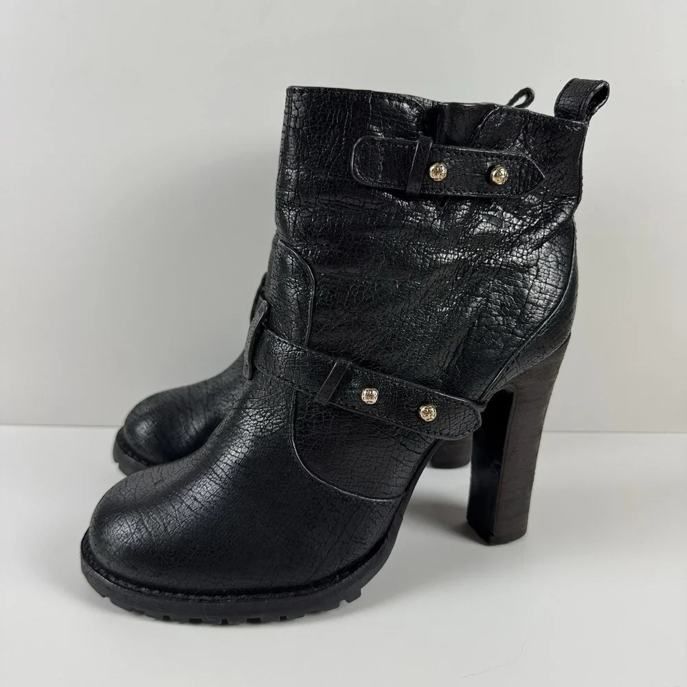 Tory Burch Landers Bootie Black Leather Studded Ankle Boots Chunky Heel Size 10